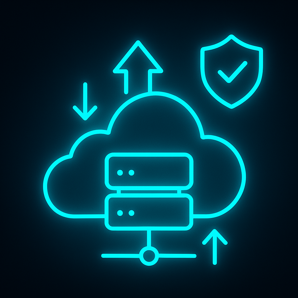 Neon graphic of secure cloud infrastructure and data transfer